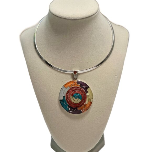 Peruvian 950 Sterling Silver Mosaic Pendant 2” | Turquoise Mother of Pearl Inlay - Picture 8 of 13